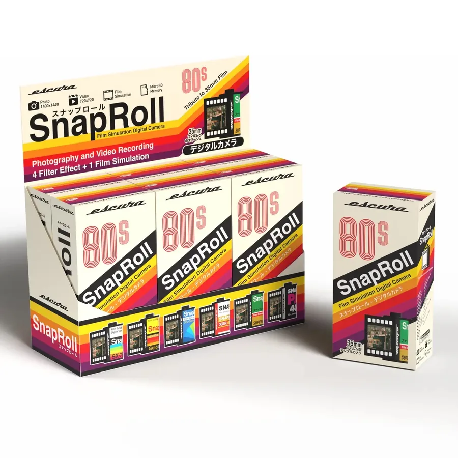 SnapRoll フィルムシミュレーションデジタルカメラの店頭ディスプレイと個装箱